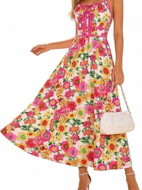 Grace Karin Pink and Yellow Floral Tie-Front Maxi Dress